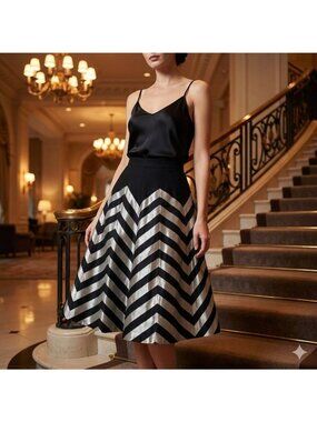 Vintage 1960s Space Age Op Art Flare Skirt Silver Black Zig Zag Midi Mod XS/S
